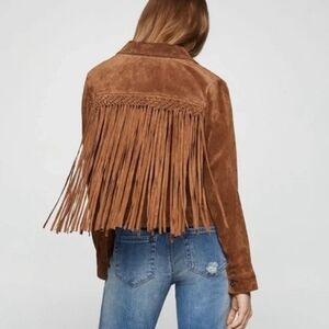 BCBG Generation Tan Suede Fringe Cropped Trucker Jacket Women’s Sm Boho Western